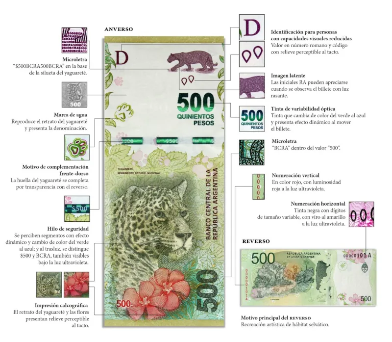 nota 500 pesos jaguar yaguareté detalhes autenticidade